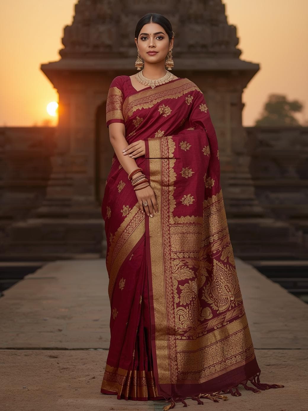 Royal Maroon Temple Paithani